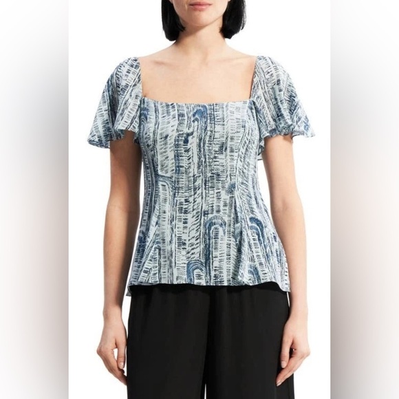 Theory Godet Flutter Sleeve Silk Short Sleeve Blouse - Picture 1 of 8